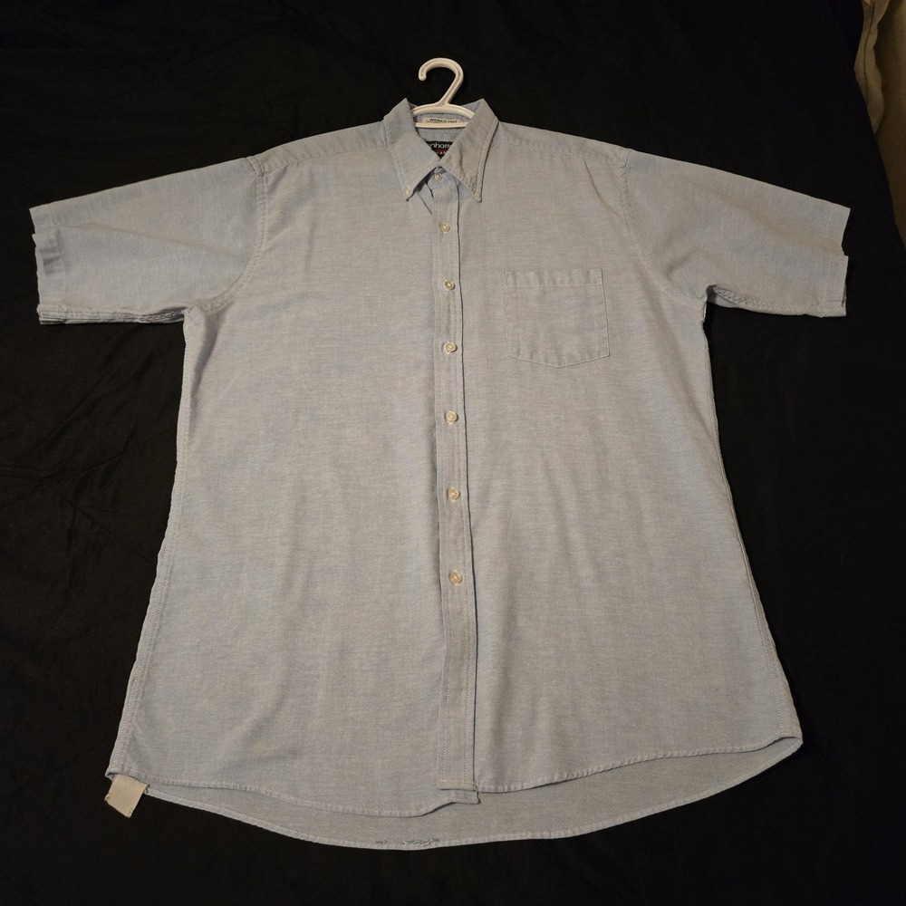 Manhattan Dress Shirt Mens 16.5 Blue Wrinkle Free Short Sleeve Button Up Casual